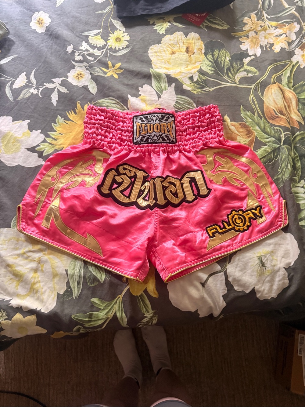 Women's Hot Pink Athletic Muay Thai Shorts with Gold Trim